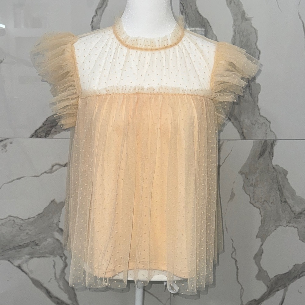 Storia Cream Ruffle Sleeve Polkadot Tulle Mock Neckline Blouse